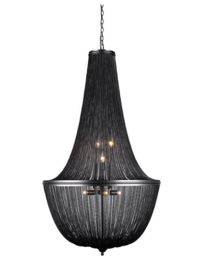 Korblüster Aluminum Chain BLACK pendant light for gallery or staircase, modern design, dimmable, 18 E14 bulbs, adjustable chain.