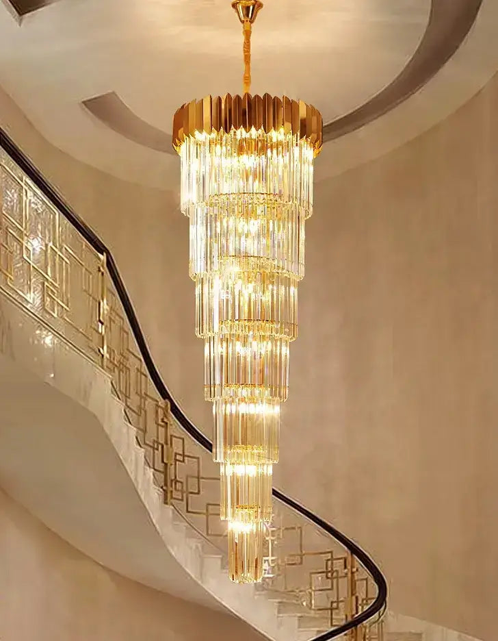 Luxurious spiral crystal chandelier TWISTER for hotel or gallery, 220cm height, gold finish with dimmable LED lights.