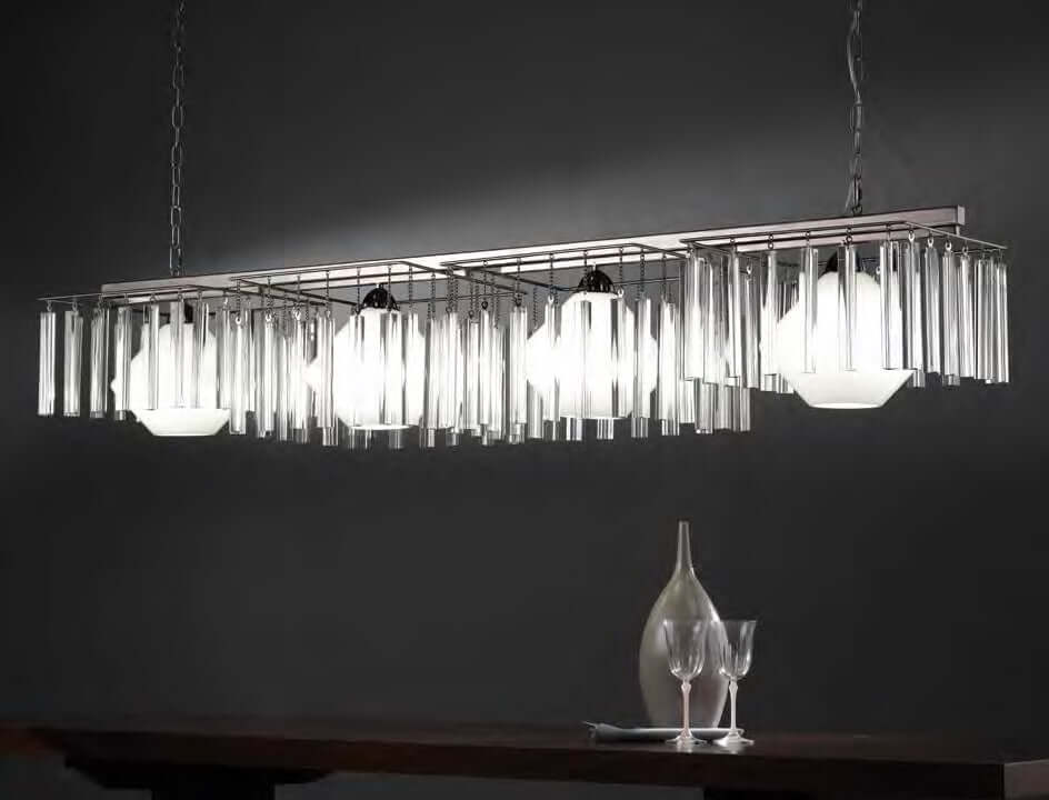 Kristall Pendelleuchte Länge 190cm mit Milchglas und transparenten Kristallen