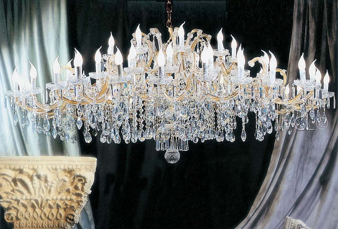 Gold crystal chandelier with 60 lights, diameter 205cm, height 85cm, perfect for large rooms, featuring high-quality lead crystals.