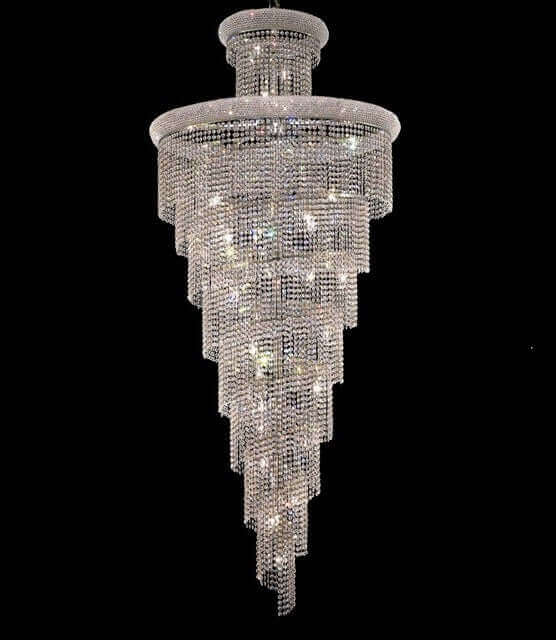 Luxurious 218cm crystal spiral chandelier for stairwell gallery; dimmable, brass/chrome/glass, Ø90cm, 32 lights, exclusive lighting