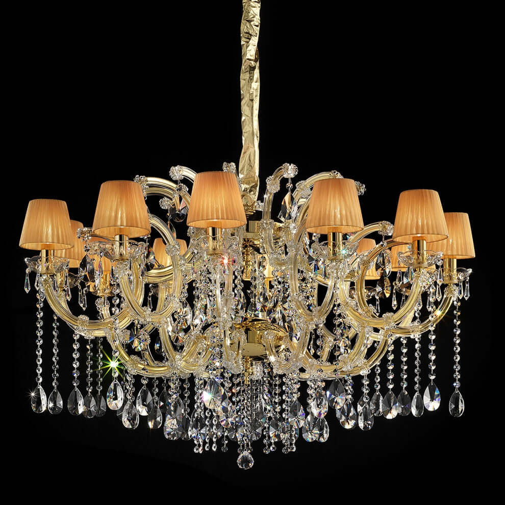 Masiero Maria Theresa Kronleuchter Gold Ø106cm 12Leuchten mit Orangen Schirmchen