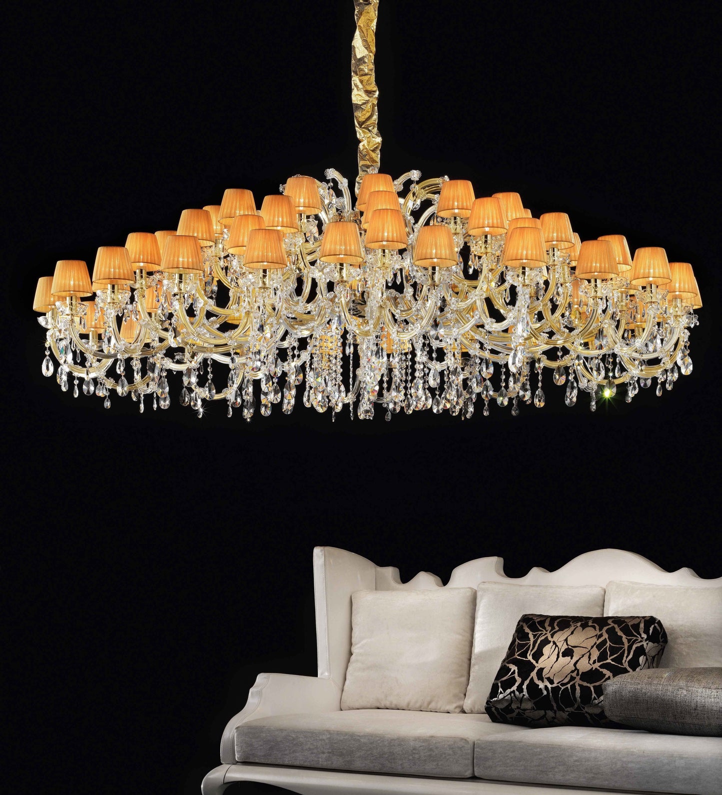 Masiero Maria Theresa Kronleuchter Gold Ø220cm 60Leuchten mit Orangen Schirmchen