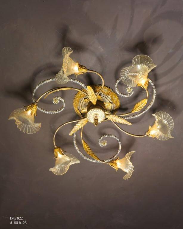 Florentiner Deckenleuchte 6Leuchten in Blütenform mit Blattgold hangemacht mit Kristallperlen versehen