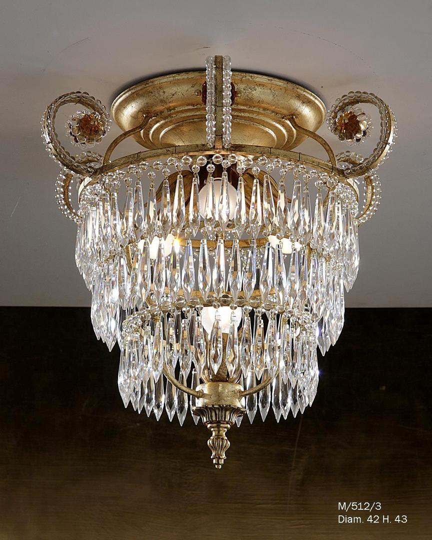 Florentiner Deckenleuchte 4Leuchten 3Stufige Kristalle hangemacht Farbe Gold