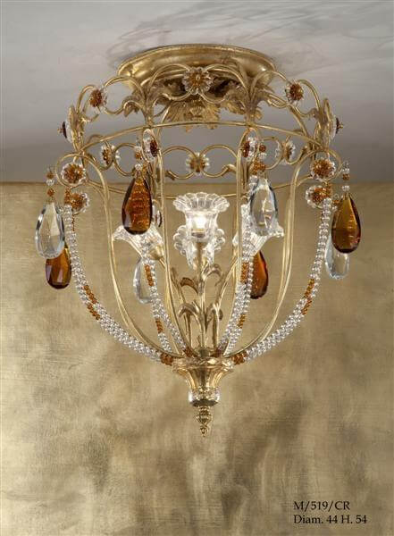 Florentiner Deckenleuchte 4 Leuchten G9 mit Kristallperlenkette Blattgold und Bernsteinkristallen