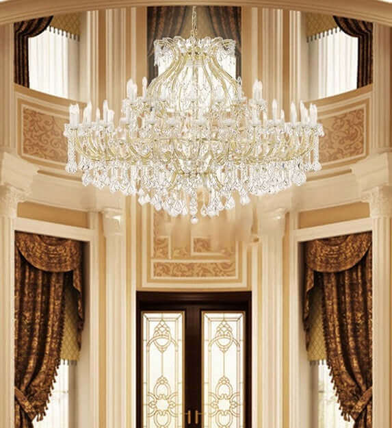 Gold crystal chandelier with 54 lights, 182cm diameter, in opulent interior setting. Adjustable height with sparkling crystals.
